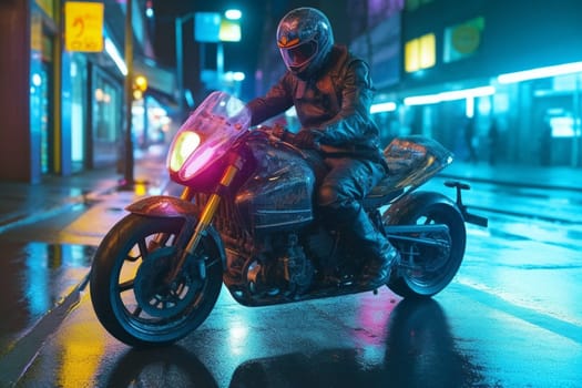 A high-speed electric motorbike races through neon-lit city streets at night, making hairpin turns and weaving through traffic with ease. Its futuristic design and advanced technology make it the ultimate in eco-friendly transportation. (generative AI)