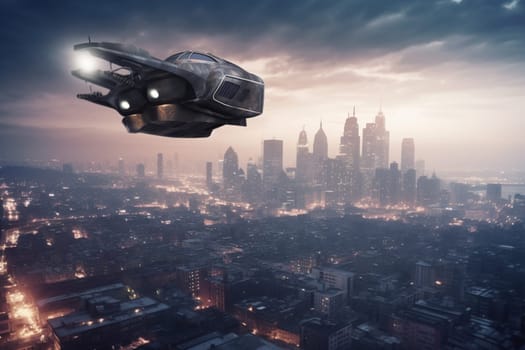 An ultra-modern flying car zips through the sky above a futuristic city skyline, highlighting the incredible advances in transportation technology. The sleek design of the car blends seamlessly with the high-tech aesthetic of the city, creating a truly mesmerizing scene. (generative AI)