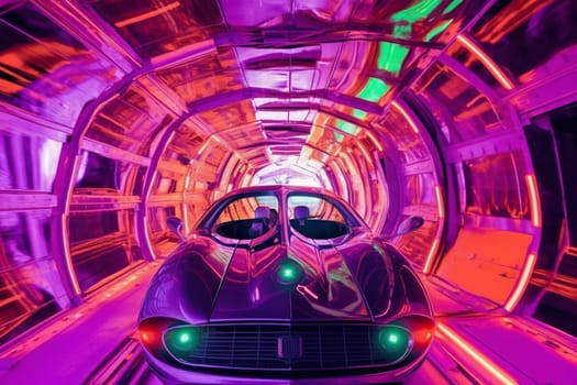 A sleek and trendy flying car zooms down an abstract neon-lit tunnel. The futuristic high-tech design and polished finish of the machine blend perfectly with the neon hues of the tunnel to create an otherworldly ambiance, indicative of a futuristic world. (generative AI)