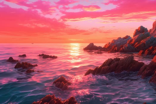 The pink and orange hues of the setting sun dominate this dream-like ocean landscape, making for a surreal and ethereal environment. Capturing this dream-like and mysterious scene with photorealistic quality in a high-quality photography piece. (generative AI)