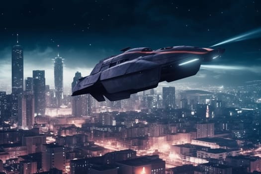 An ultra-modern flying car zips through the sky above a futuristic city skyline, highlighting the incredible advances in transportation technology. The sleek design of the car blends seamlessly with the high-tech aesthetic of the city, creating a truly mesmerizing scene. (generative AI)