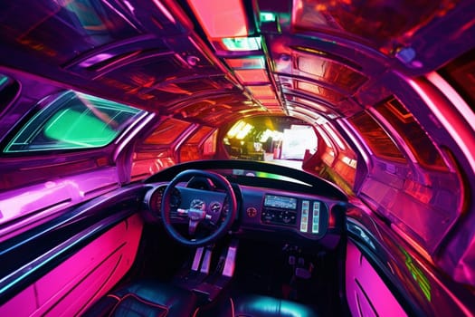 A sleek and trendy flying car zooms down an abstract neon-lit tunnel. The futuristic high-tech design and polished finish of the machine blend perfectly with the neon hues of the tunnel to create an otherworldly ambiance, indicative of a futuristic world. (generative AI)