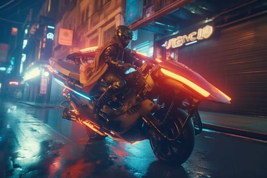 A cutting-edge hoverbike zips through the bustling streets of a modern city, its advanced technology and sleek design turning heads as it speeds by. The rider navigates expertly through traffic, showcasing the bike's incredible maneuverability. (generative AI)