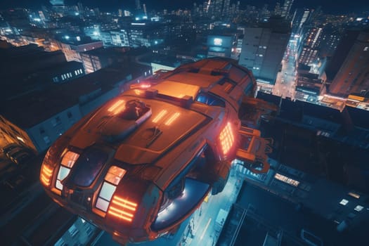 A sleek hovercar that runs on powerful anti-gravity thrusters glides effortlessly through the air above a vibrant, bustling city at night. Its advanced technology allows it to move swiftly and silently through the cityscape, leaving behind a trail of neon-colored energy particles. (generative AI)
