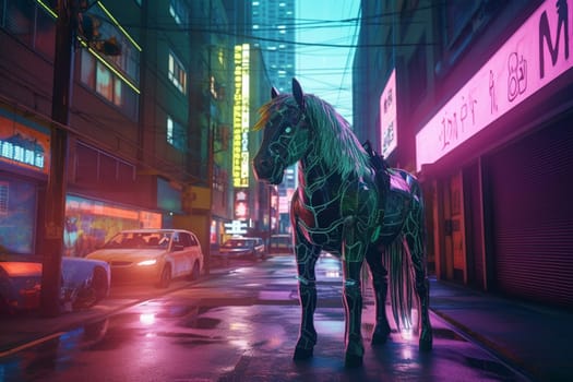 Unicorns are legendary magical creatures that symbolize purity and grace. In this futuristic scene, a glowing unicorn can be seen standing majestically on a cyber-punk city street, creating an imposing and regal ambiance. The sharp focus and glowing effects add to the futuristic feeling of the scene. (generative AI)