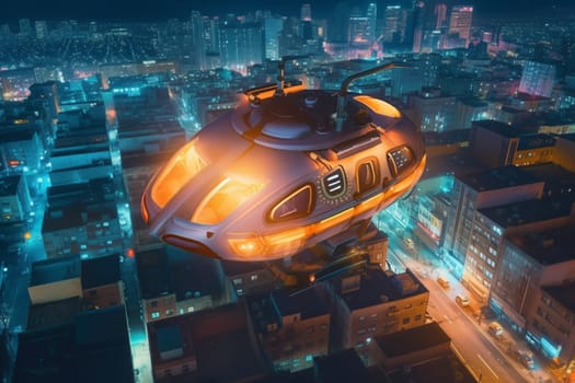 A sleek hovercar that runs on powerful anti-gravity thrusters glides effortlessly through the air above a vibrant, bustling city at night. Its advanced technology allows it to move swiftly and silently through the cityscape, leaving behind a trail of neon-colored energy particles. (generative AI)