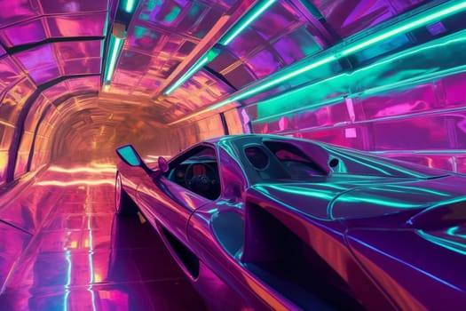 A sleek and trendy flying car zooms down an abstract neon-lit tunnel. The futuristic high-tech design and polished finish of the machine blend perfectly with the neon hues of the tunnel to create an otherworldly ambiance, indicative of a futuristic world. (generative AI)