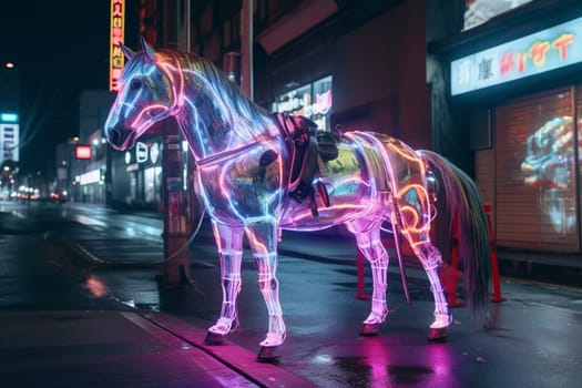 Unicorns are legendary magical creatures that symbolize purity and grace. In this futuristic scene, a glowing unicorn can be seen standing majestically on a cyber-punk city street, creating an imposing and regal ambiance. The sharp focus and glowing effects add to the futuristic feeling of the scene. (generative AI)