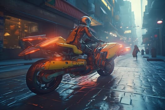 A cutting-edge hoverbike zips through the bustling streets of a modern city, its advanced technology and sleek design turning heads as it speeds by. The rider navigates expertly through traffic, showcasing the bike's incredible maneuverability. (generative AI)