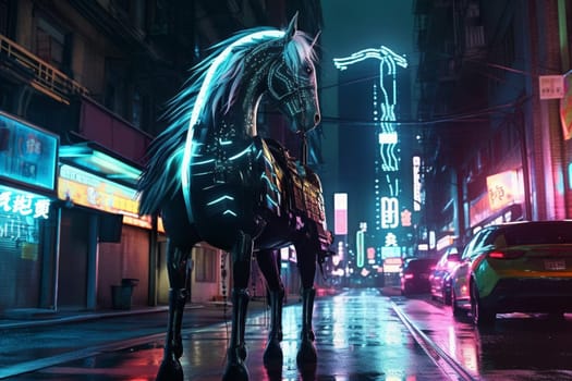 Unicorns are legendary magical creatures that symbolize purity and grace. In this futuristic scene, a glowing unicorn can be seen standing majestically on a cyber-punk city street, creating an imposing and regal ambiance. The sharp focus and glowing effects add to the futuristic feeling of the scene. (generative AI)