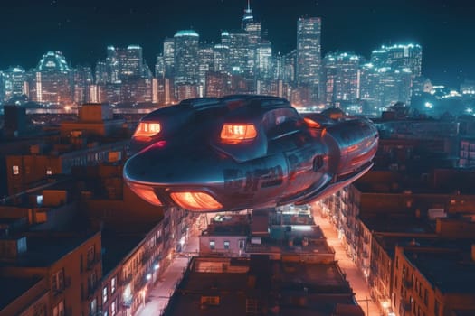 A sleek hovercar that runs on powerful anti-gravity thrusters glides effortlessly through the air above a vibrant, bustling city at night. Its advanced technology allows it to move swiftly and silently through the cityscape, leaving behind a trail of neon-colored energy particles. (generative AI)