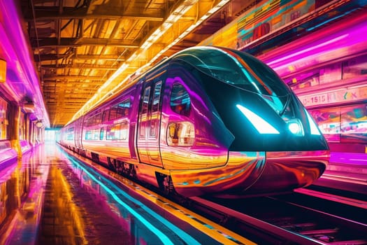 An ultramodern bullet train moves swiftly across an abstract neon landscape. The train's sleek and glossy design gleams in the bright neon lights while cutting through the vast landscape at an incredible speed. (generative AI)