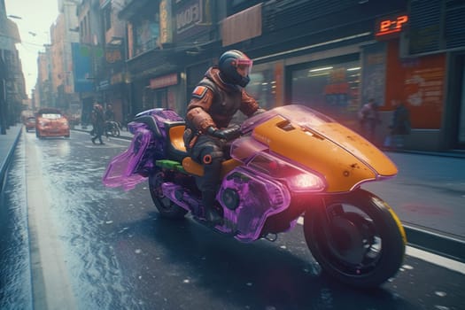 A cutting-edge hoverbike zips through the bustling streets of a modern city, its advanced technology and sleek design turning heads as it speeds by. The rider navigates expertly through traffic, showcasing the bike's incredible maneuverability. (generative AI)