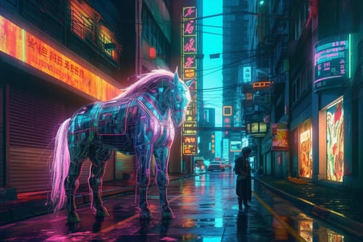 Unicorns are legendary magical creatures that symbolize purity and grace. In this futuristic scene, a glowing unicorn can be seen standing majestically on a cyber-punk city street, creating an imposing and regal ambiance. The sharp focus and glowing effects add to the futuristic feeling of the scene. (generative AI)