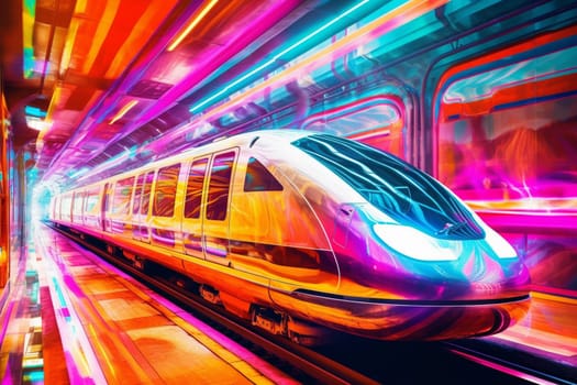 An ultramodern bullet train moves swiftly across an abstract neon landscape. The train's sleek and glossy design gleams in the bright neon lights while cutting through the vast landscape at an incredible speed. (generative AI)