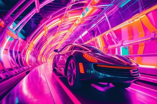 A sleek and trendy flying car zooms down an abstract neon-lit tunnel. The futuristic high-tech design and polished finish of the machine blend perfectly with the neon hues of the tunnel to create an otherworldly ambiance, indicative of a futuristic world. (generative AI)