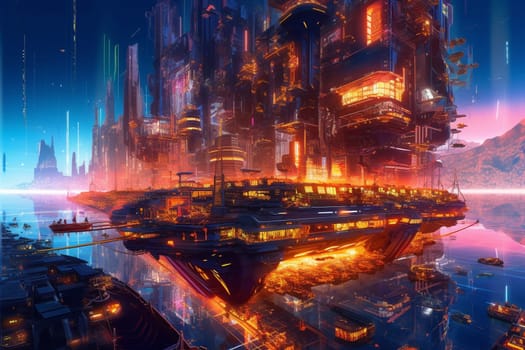 This futuristic city is a marvel of engineering and design, rising up from the edge of a vast, sparkling ocean. The metallic surfaces and neon lights create a dreamlike atmosphere, while the panoramic view of the ocean adds an extra touch of drama. (generative AI)
