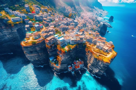 This futuristic city is built on a massive cliff, looking out over the endless expanse of the ocean. The towering skyscrapers and urban landscape are brought to life by vibrant colors and high contrast, creating an unforgettable scene from above. (generative AI)