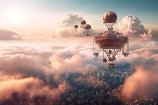 This futuristic city built on a massive floating platform high above the clouds is a stunning example of imaginative cityscape photography. The surreal landscape, high resolution, and science fiction elements make this scene an imaginary landscape that will engage the mind and push the boundaries of what is visually possible. (generative AI)