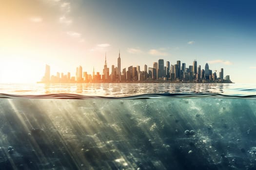 This futuristic cityscape is built along the shore of a vast ocean, with buildings on stilts in the shallow waters, overlooking the endless possibilities of the ocean. The beauty of the cityscape and surrounding ocean captured in breathtaking panoramic photography, made in high-quality photorealistic detail. (generative AI)