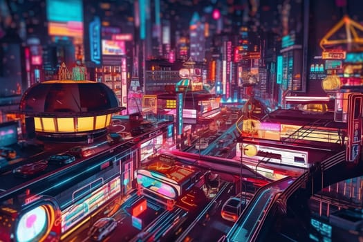 The business district of the future is a sight to behold. Hovering vehicles and neon lights create a dynamic and visually stunning scene. Cutting-edge businesses thrive in this high-tech world where innovation is king. (generative AI)