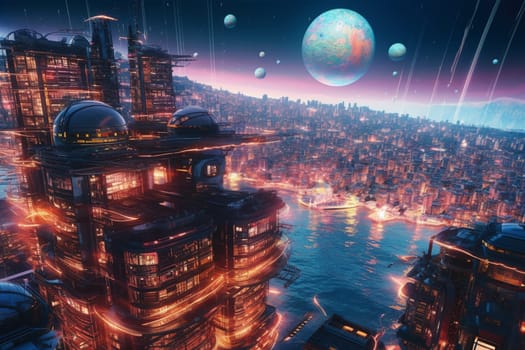 This futuristic city is a marvel of engineering and design, rising up from the edge of a vast, sparkling ocean. The metallic surfaces and neon lights create a dreamlike atmosphere, while the panoramic view of the ocean adds an extra touch of drama. (generative AI)
