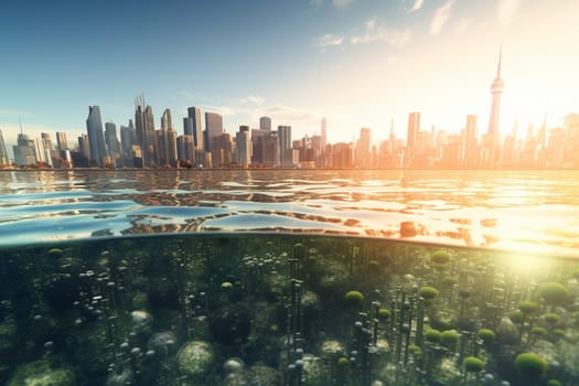 This futuristic cityscape is built along the shore of a vast ocean, with buildings on stilts in the shallow waters, overlooking the endless possibilities of the ocean. The beauty of the cityscape and surrounding ocean captured in breathtaking panoramic photography, made in high-quality photorealistic detail. (generative AI)