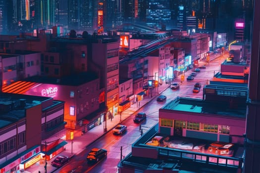 The business district of the future is a sight to behold. Hovering vehicles and neon lights create a dynamic and visually stunning scene. Cutting-edge businesses thrive in this high-tech world where innovation is king. (generative AI)
