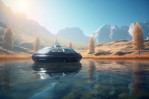 A cutting-edge hovercraft skims across the surface of a pristine lake, its futuristic design turning heads wherever it goes. The craft is powered by a series of thrusters and stabilizers, allowing it to glide effortlessly over the water. (generative AI)