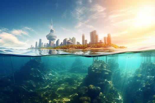 This futuristic cityscape is built along the shore of a vast ocean, with buildings on stilts in the shallow waters, overlooking the endless possibilities of the ocean. The beauty of the cityscape and surrounding ocean captured in breathtaking panoramic photography, made in high-quality photorealistic detail. (generative AI)