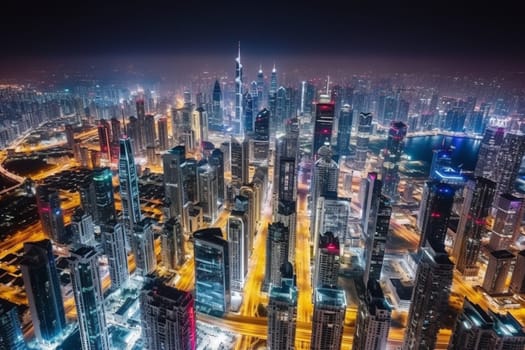 This futuristic cityscape is built on the ocean, with soaring skyscrapers and an urban landscape that stretches as far as the eye can see. Vibrant colors and high contrast bring this bustling metropolis to life, while the long exposure captures the energy and motion of the city. (generative AI)