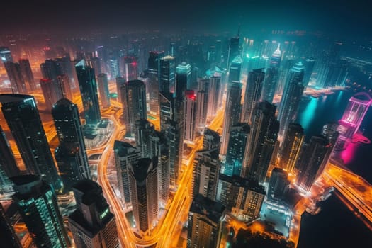 This futuristic cityscape is built on the ocean, with soaring skyscrapers and an urban landscape that stretches as far as the eye can see. Vibrant colors and high contrast bring this bustling metropolis to life, while the long exposure captures the energy and motion of the city. (generative AI)