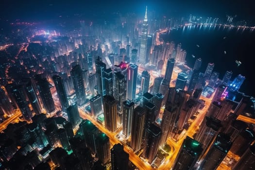 This futuristic cityscape is built on the ocean, with soaring skyscrapers and an urban landscape that stretches as far as the eye can see. Vibrant colors and high contrast bring this bustling metropolis to life, while the long exposure captures the energy and motion of the city. (generative AI)
