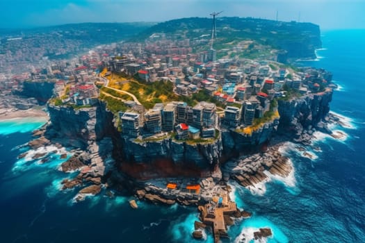 This futuristic city is built on a massive cliff, looking out over the endless expanse of the ocean. The towering skyscrapers and urban landscape are brought to life by vibrant colors and high contrast, creating an unforgettable scene from above. (generative AI)