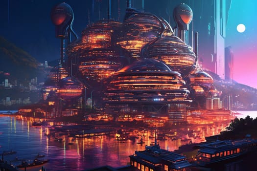This futuristic city is a marvel of engineering and design, rising up from the edge of a vast, sparkling ocean. The metallic surfaces and neon lights create a dreamlike atmosphere, while the panoramic view of the ocean adds an extra touch of drama. (generative AI)
