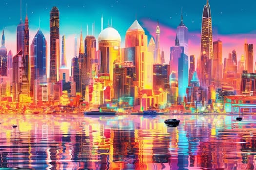 This futuristic city skyline is a technological marvel, rising from the sea with towering buildings and neon lights. The photorealistic detail and sharp focus make it seem almost real, while the panoramic view captures the drama and majesty of this awe-inspiring environment. (generative AI)