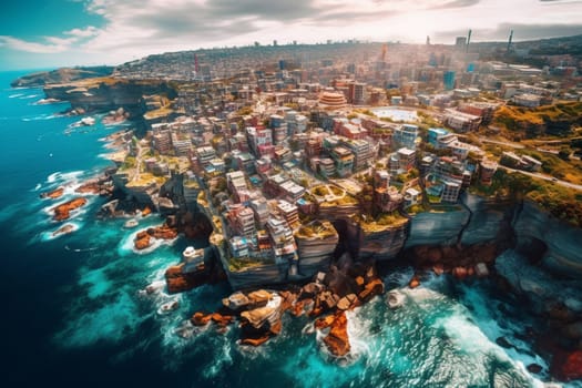 This futuristic city is built on a massive cliff, looking out over the endless expanse of the ocean. The towering skyscrapers and urban landscape are brought to life by vibrant colors and high contrast, creating an unforgettable scene from above. (generative AI)