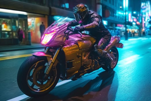 A high-speed electric motorbike races through neon-lit city streets at night, making hairpin turns and weaving through traffic with ease. Its futuristic design and advanced technology make it the ultimate in eco-friendly transportation. (generative AI)