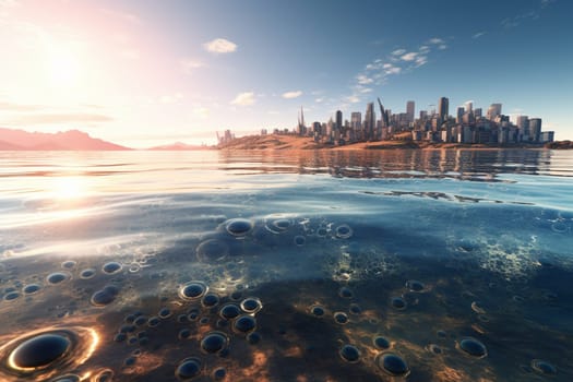 In the future, cities might soar to incredible heights and be surrounded by vast oceans. This stunning cityscape captures that vision perfectly, with skyscrapers that stretch high into the sky and a wide ocean that seems to go on forever. With its sharp focus and high resolution, this photorealistic scene is simply breathtaking.  (generative AI)