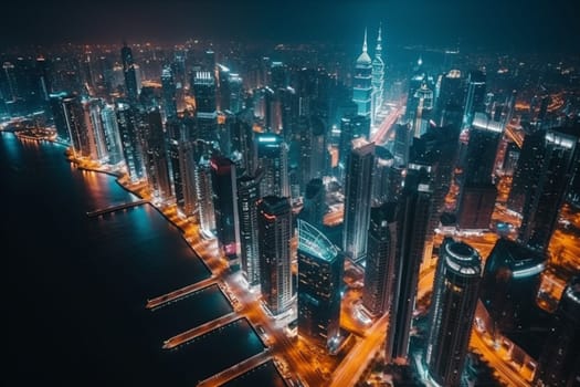 This futuristic cityscape is built on the ocean, with soaring skyscrapers and an urban landscape that stretches as far as the eye can see. Vibrant colors and high contrast bring this bustling metropolis to life, while the long exposure captures the energy and motion of the city. (generative AI)