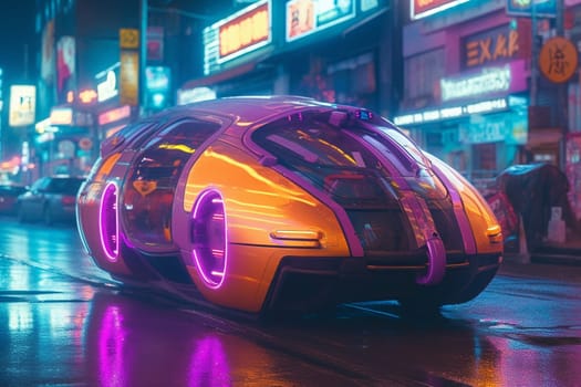 The pod car zips through the neon-lit cityscape, its advanced technology allowing it to navigate the busy streets with ease. The futuristic design and vibrant colors of the car fit perfectly with the bright and electric atmosphere of the city at night. (generative AI)