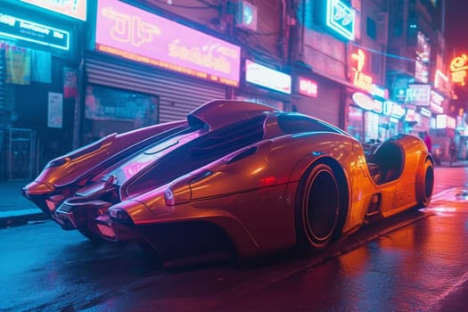 The pod car zips through the neon-lit cityscape, its advanced technology allowing it to navigate the busy streets with ease. The futuristic design and vibrant colors of the car fit perfectly with the bright and electric atmosphere of the city at night. (generative AI)
