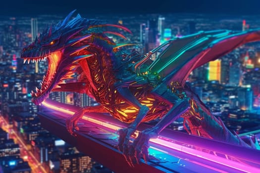In this futuristic scene, a robotic dragon can be seen flying over a neon-lit city skyline, creating a dynamic and modern ambiance. The neon colors give the scenery a sci-fi feeling, while the sharp focus aerial point of view adds to the sense of movement and excitement. (generative AI)