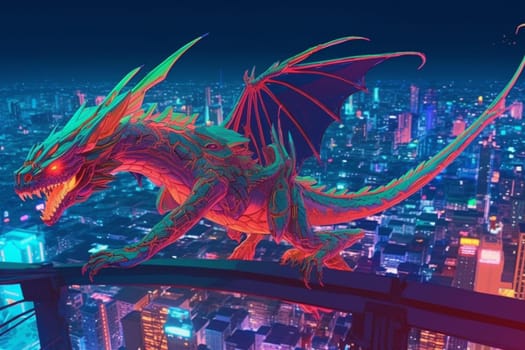 In this futuristic scene, a robotic dragon can be seen flying over a neon-lit city skyline, creating a dynamic and modern ambiance. The neon colors give the scenery a sci-fi feeling, while the sharp focus aerial point of view adds to the sense of movement and excitement. (generative AI)