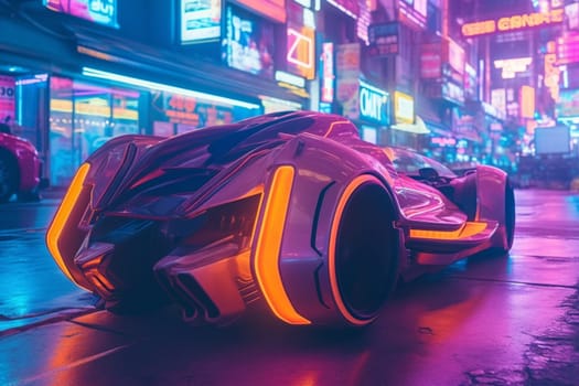 The pod car zips through the neon-lit cityscape, its advanced technology allowing it to navigate the busy streets with ease. The futuristic design and vibrant colors of the car fit perfectly with the bright and electric atmosphere of the city at night. (generative AI)