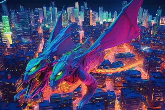 In this futuristic scene, a robotic dragon can be seen flying over a neon-lit city skyline, creating a dynamic and modern ambiance. The neon colors give the scenery a sci-fi feeling, while the sharp focus aerial point of view adds to the sense of movement and excitement. (generative AI)