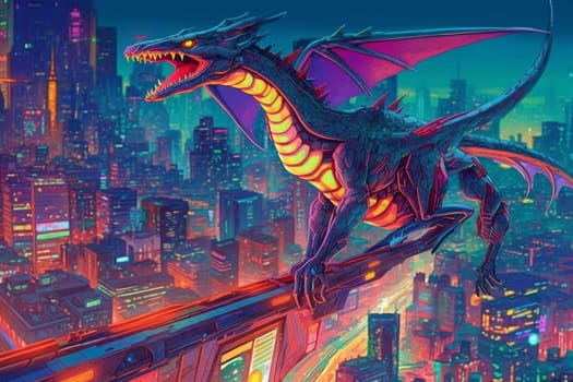 In this futuristic scene, a robotic dragon can be seen flying over a neon-lit city skyline, creating a dynamic and modern ambiance. The neon colors give the scenery a sci-fi feeling, while the sharp focus aerial point of view adds to the sense of movement and excitement. (generative AI)