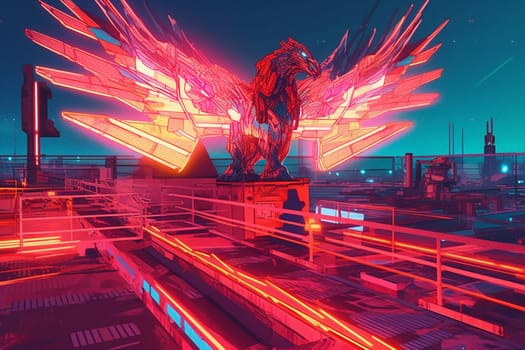 The phoenix is a mythical bird that represents rebirth and regeneration. In this scene, a futuristic robotic phoenix can be seen taking off from a pier in a neon cityscape, creating a mesmerizing and cutting-edge environment that captures the imagination of the future. (generative AI)