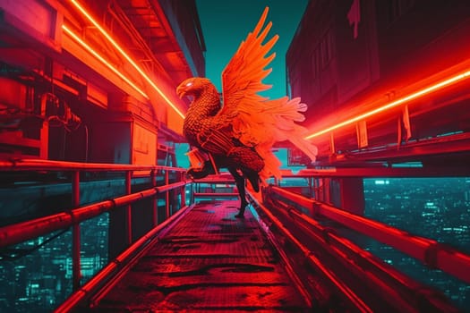 The phoenix is a mythical bird that represents rebirth and regeneration. In this scene, a futuristic robotic phoenix can be seen taking off from a pier in a neon cityscape, creating a mesmerizing and cutting-edge environment that captures the imagination of the future. (generative AI)