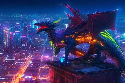 In this futuristic scene, a robotic dragon can be seen flying over a neon-lit city skyline, creating a dynamic and modern ambiance. The neon colors give the scenery a sci-fi feeling, while the sharp focus aerial point of view adds to the sense of movement and excitement. (generative AI)